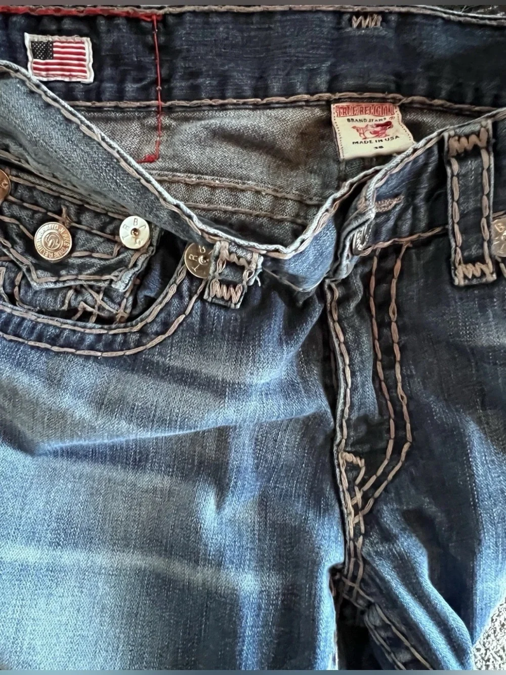 True Religion Ricky Jeans Super T Straight 36x32 Men's Relaxed Thick Stitching